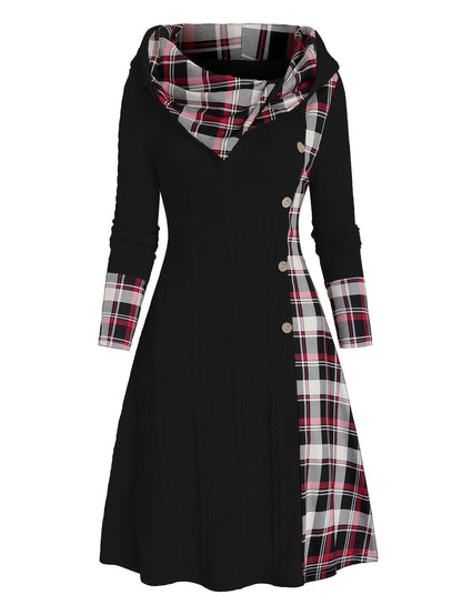 Knitted hooded dress plaid print stitching fake buckle high waist long sleeve A-line dress female