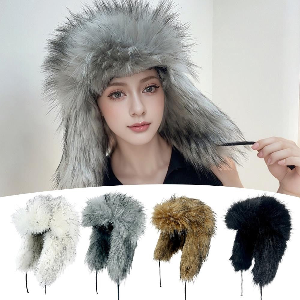 Gorro de inverno russo feminino com proteção de orelha de pele sintética, gorro corta-vento quente para senhoras, moda de luxo, chapéu de esqui de cor sólida com aba larga