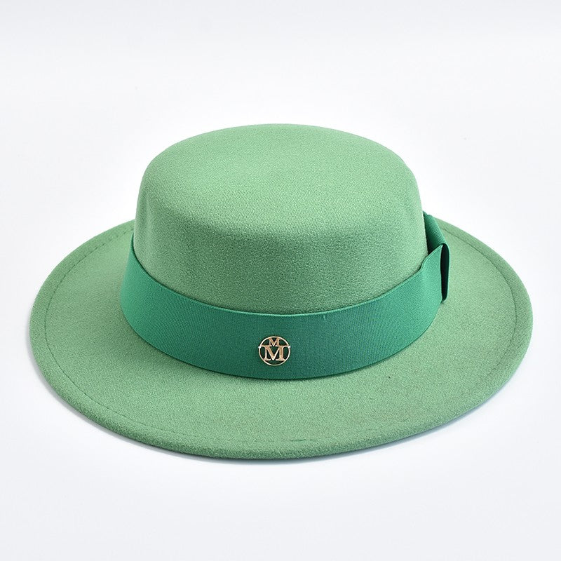 British Style Fedora Hats for Women Fashion Autumn Winter Flat Top Bow Elastic Ribbon Felt Hats Wedding Dress Jazz Cap