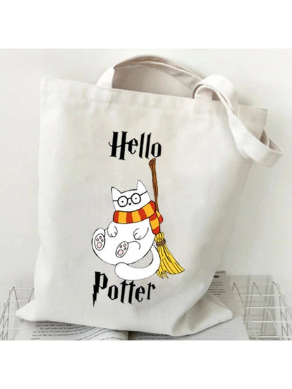 Potter Cats Printed Canvas Tote Bag for Women Handbag Harajuku Shopper Bags Cartoon Cat Aesthetic Tote Bag Female Shoulder Bag