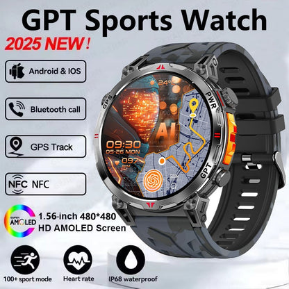 Smartwatch Esportivo 2025 com GPS, GPT, AMOLED de 1,56 polegadas, 488*488, Monitoramento de Frequência Cardíaca, Oxigênio no Sangue e Pressão Arterial, 3ATM
