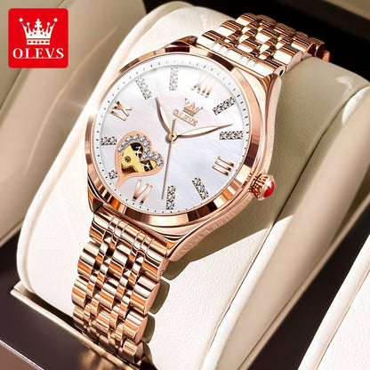 OLEVS 6636 Luxury Women Watch Fully Automatic Hollow Design Diamond Heart shaped Watch Elegant Mechanical Women Bracelet Watch