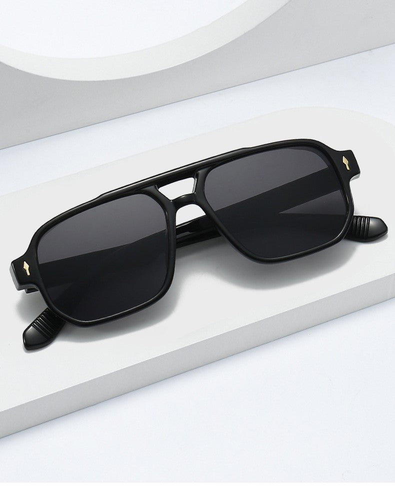 SO&EI Vintage Double Bridges Men Square Sunglasses Fashion Clear Ocean Lens Eyewear Women Trending Rivets Sun Glasses UV400