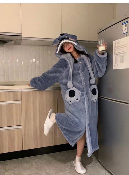 Disney Stitch Winter Pajamas Cartoon Autumn And Winter Cute Coral Thickened Velvet Long Home Clothes Pajamas Girls Home Clothes