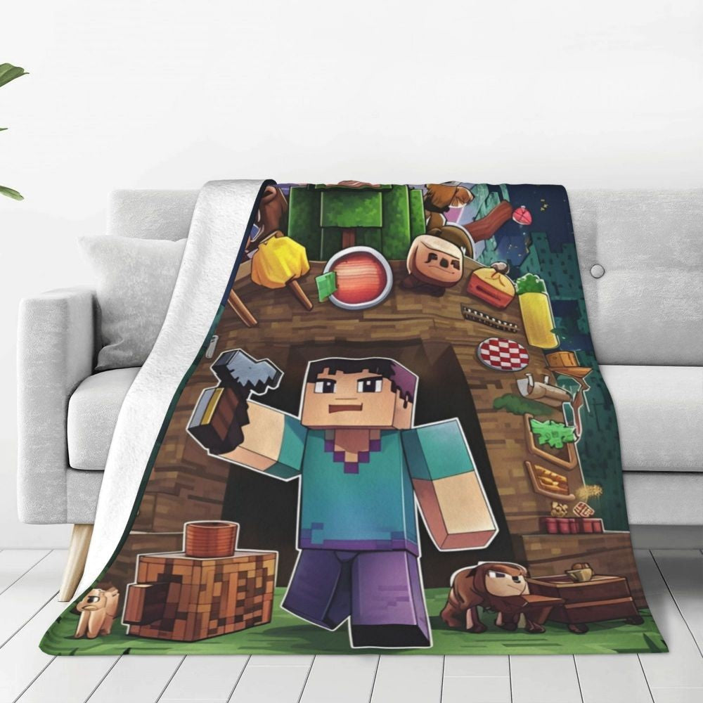 Cartoon Mines Pixel Game Crafts Flannel Blanket Super Warm Throw Blanket for Home Decor Decorative Street Trend Bedspread