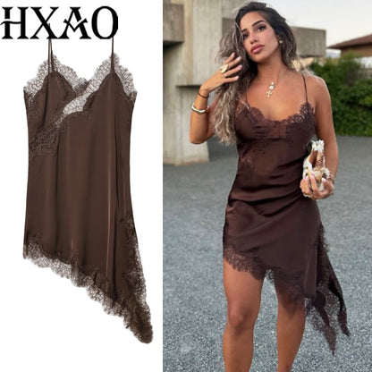 HXAO Female Lace Dress Sleeveless Slip Short Dresses Women Summer Asymmetric Elegant Night Dresses Backless Sexy Evening Dress