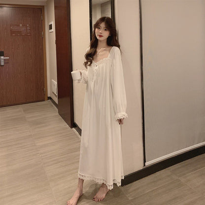 Sweet Princess Style Pajamas Solid Color Fashion Long-Sleeved Soft Home Wear Women's Retro Leisure Dress Lace Ruffled Nightgowns