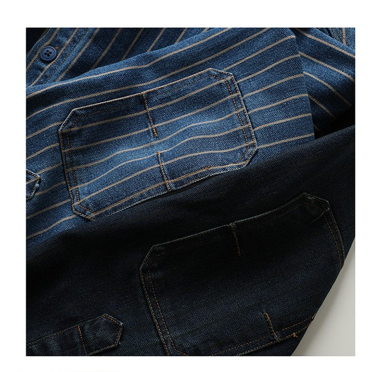 American Retro Workwear Long Sve Denim irt Loose Casual Striped ket irt Youth Trend Autumn Wear Iron Free