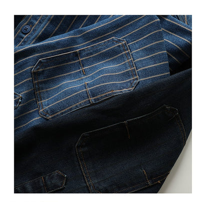 American Retro Workwear Long Sve Denim irt Loose Casual Striped ket irt Youth Trend Autumn Wear Iron Free