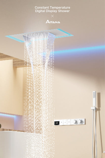 Sistema de chuveiro digital inteligente de latão branco luxuoso com design oculto Controle duplo de água quente e fria Torneira de parede