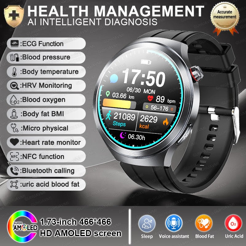 Relógio Inteligente Smartwatch Masculino 2026 Health Tracker com Safira e Medição de Ácido Úrico, Gordura Sanguínea, Pressão Arterial e ECG+PPG com Análise Corporal