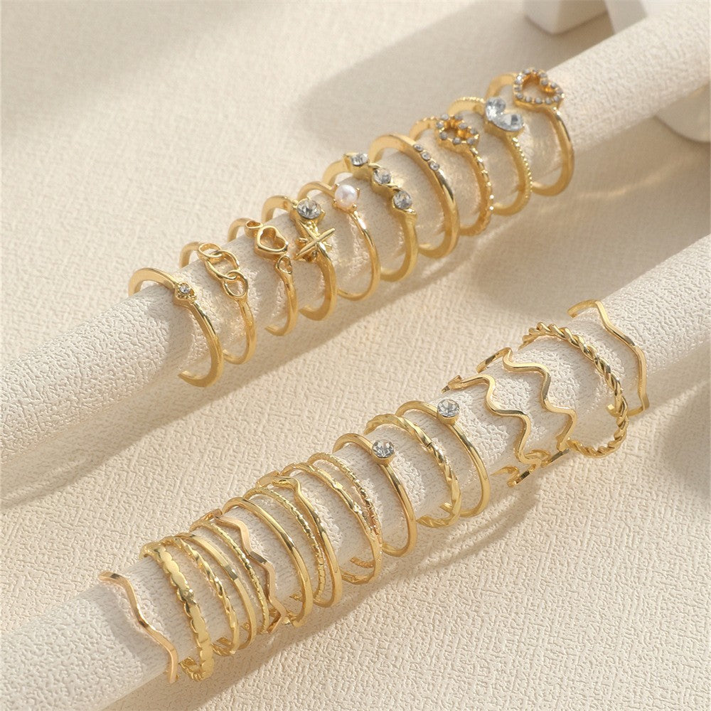 Conjunto de Anéis Articulados de Onda Simples de Moda para Mulheres Anel Feminino de Cor Ouro Prata em Formato de Coração de Cristal Joias de Festa