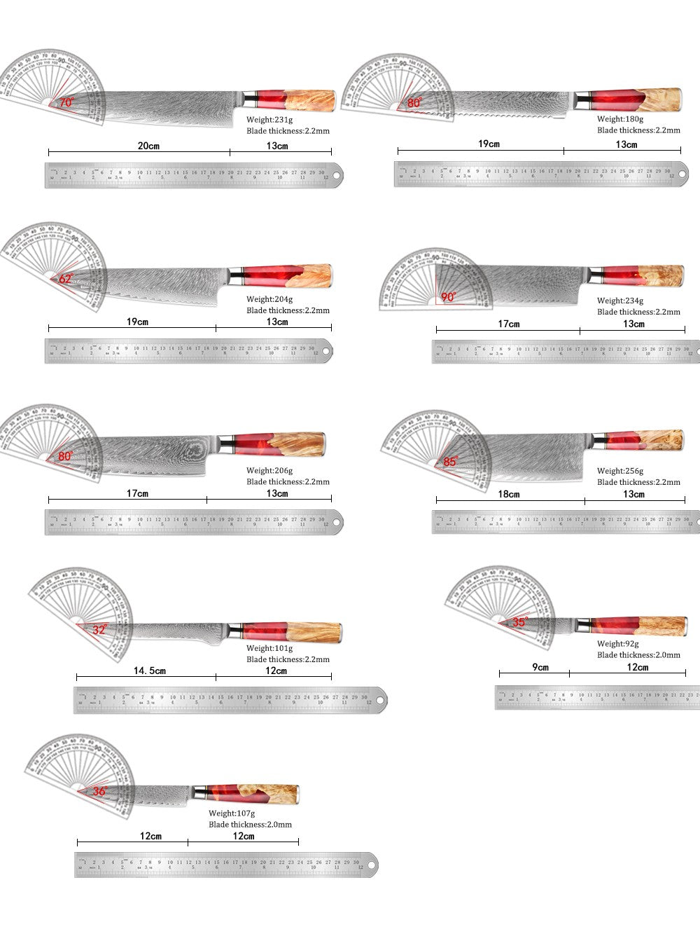XITUO Conjunto de Facas de Cozinha de Aço Damasco de 1 a 9 Peças Inclui Faca do Chefe, Faca de Pão, Cutelo, Faca Santoku, Faca Nakiri para Desossar