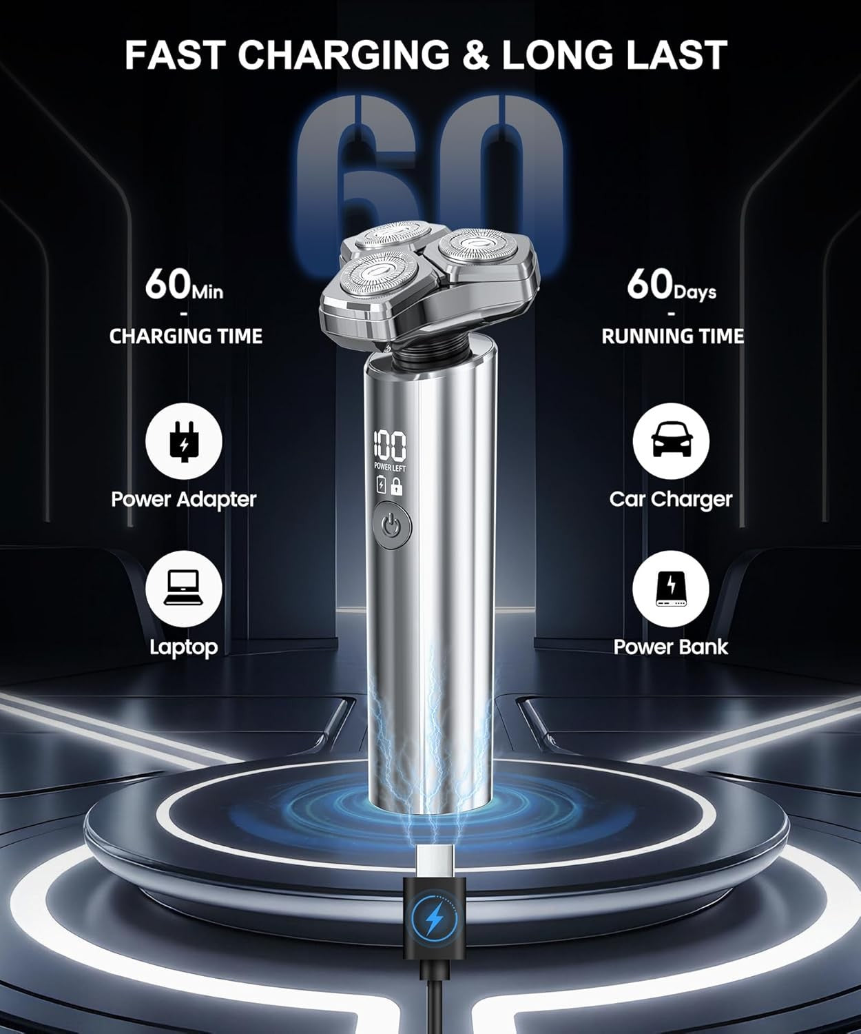 Electric Razor for Men Electric Shaver 3 Blade Rotary Shaving Machine Kit with Replacement Brush Trimmer Head