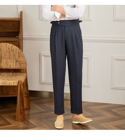 Three Gentleman Summer Naples Casual Straight Pants Men's Commuting Cotton and Linen Comfortable Breathable High Waist Pants