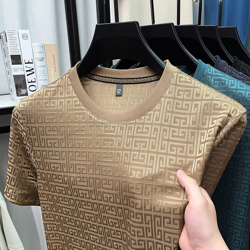 2025 New Men's Fashionable Jacquard Short Sleeved Round Neck T-shirt Casual and Comfortable All Season Versatile Top