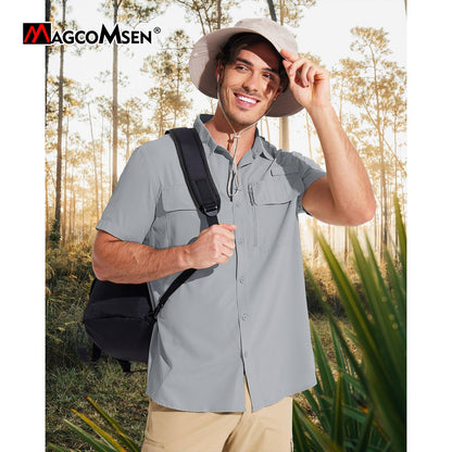 MAGCOMSEN Mesh Breathable Shirt Men's Quick Dry Button Short Sleeves UPF 50+ Sun Protection Hiking Fishing Work Cargo Shirts