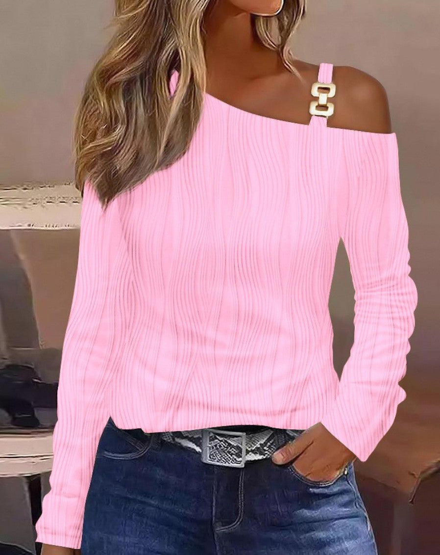 Elegant Women Sexy Loose Blouse 2025 Spring Winter One Shoulder Hollow Out Chain Hanging Neck Printed Button Fashion Female Tops