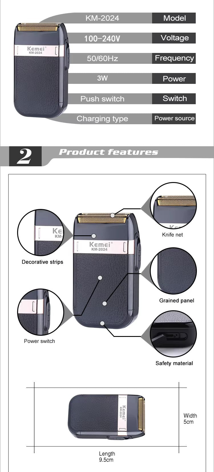 Kemei KM-2024 USB Charging Electric Shaver For Men Reciprocating Twin Blade Razor Shaver Beard Trimmer Shaving Machine