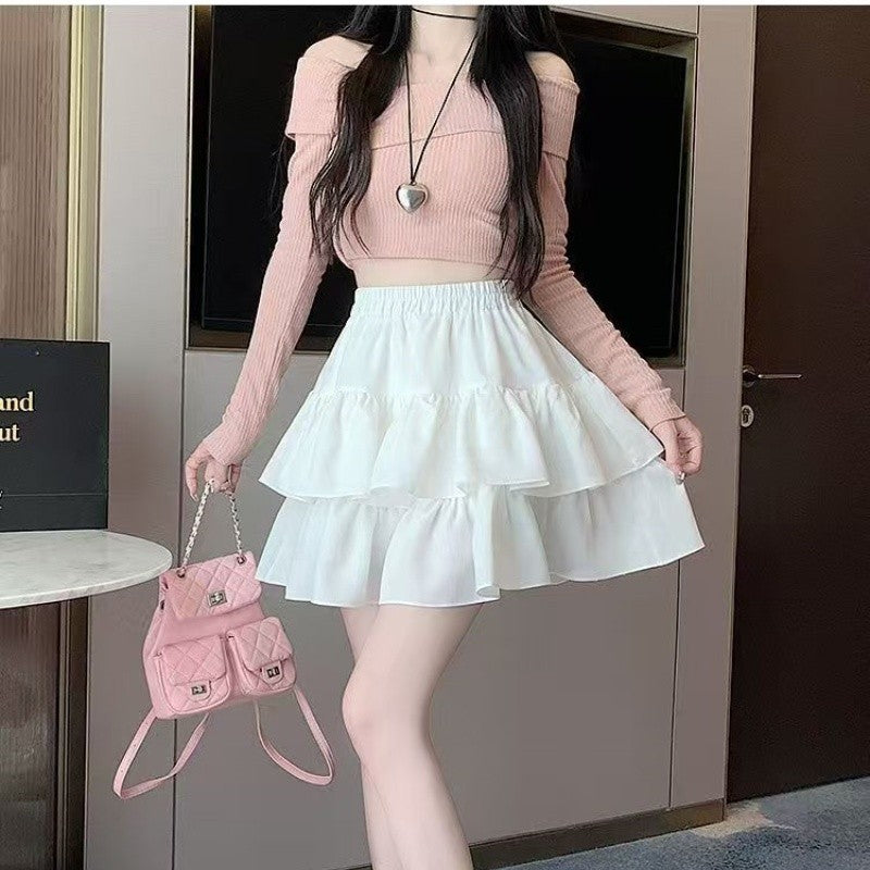 Korean Chic Y2K Sweet Girl's White Princess Mini Skirt Ballet-style Tiered Skirt Elastic High Waist Cake Skirt Shorts All-match