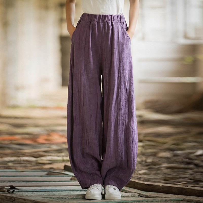 Elegant Women's Cotton Linen Baggy Cargo Pants Vintage Elastic Waist Yoga Trousers Loose Casual Long Wide Leg Oversize Clothes