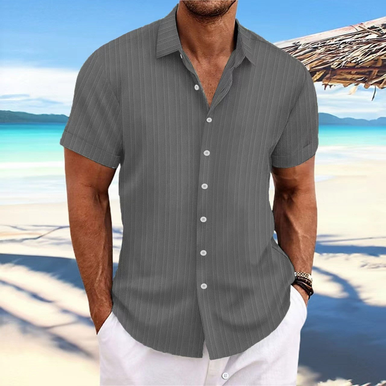 New Men's Cotton and Linen Striped Jacquard Casual Loose Short-sleeved Shirt