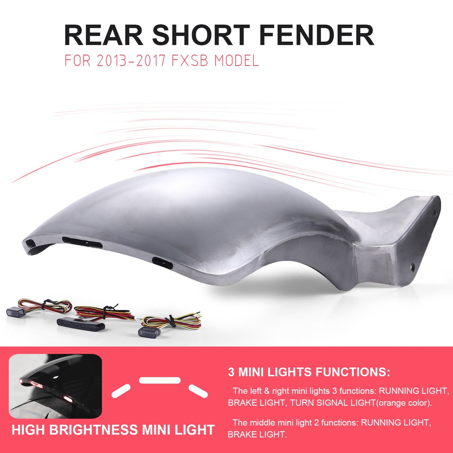 Para-lama Traseiro Curto Largo de Aço para Motocicleta Harley Softail Breakout com Luzes de Freio e Seta 2013-2017