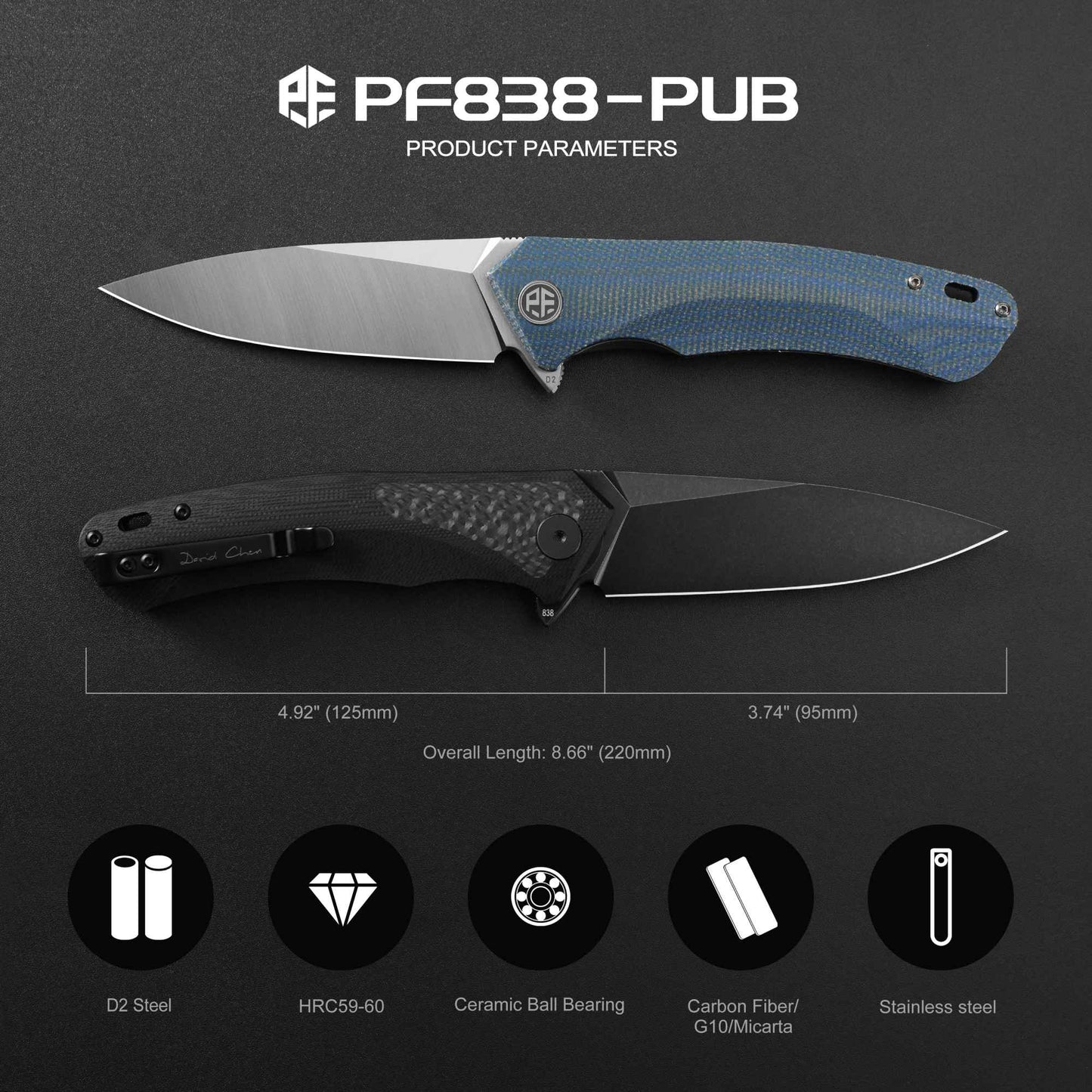 Petrified Fish PF838 Folding Knife Jackknife D2 Steel Outdoor Camping Hunting Hiking EDC Tool Ball Bearing G10 Handle Knives