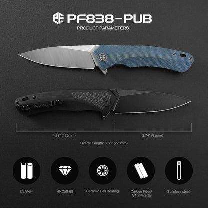Petrified Fish PF838 Folding Knife Jackknife D2 Steel Outdoor Camping Hunting Hiking EDC Tool Ball Bearing G10 Handle Knives