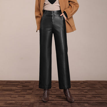 ZUZK Winter Pu Leather Pants New Elastic Waist Straight Pants PU Leather Trousers Large Size Fashion Warm Long Pants