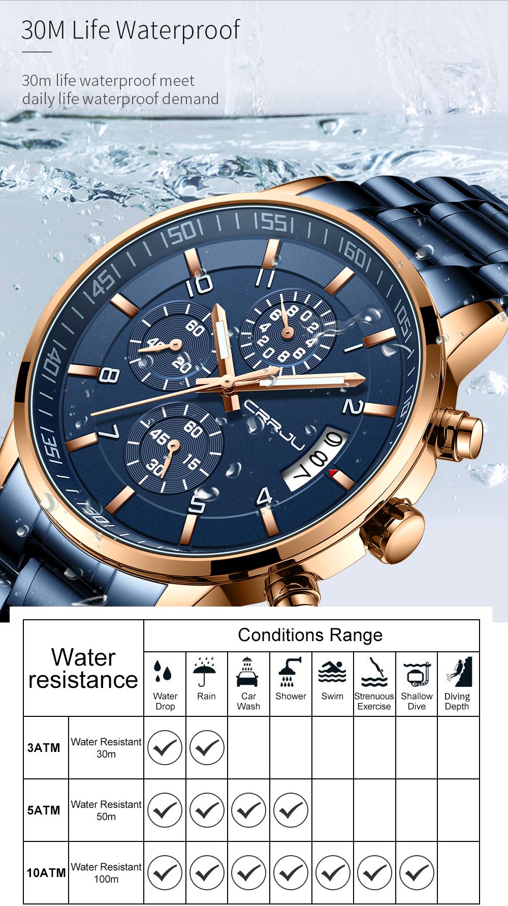 CRRJU Men Quartz Wristwatches Luxury Brand Sporty Chronograph Watches with 316 Stainless Steel Luminous Hands Male Clock Red