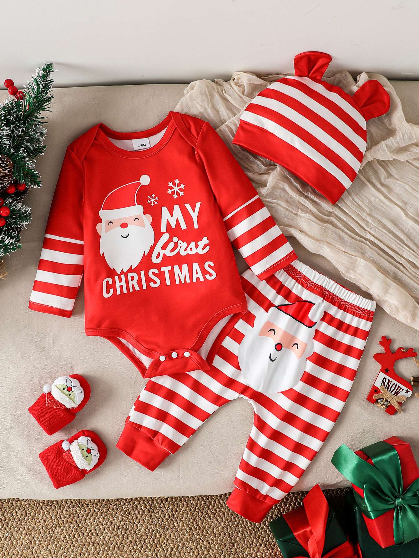 3Pcs My First Christmas Long Sleeve Baby Boys Girl Clothes Sets Newborn Clothing Toddler Autumn Unisex Suits Cute Clothes+Hat