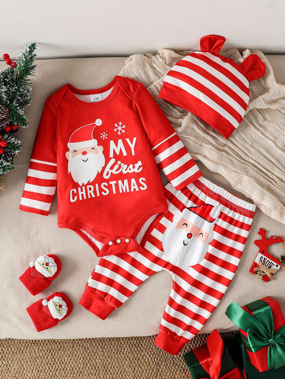 3Pcs My First Christmas Long Sleeve Baby Boys Girl Clothes Sets Newborn Clothing Toddler Autumn Unisex Suits Cute Clothes+Hat