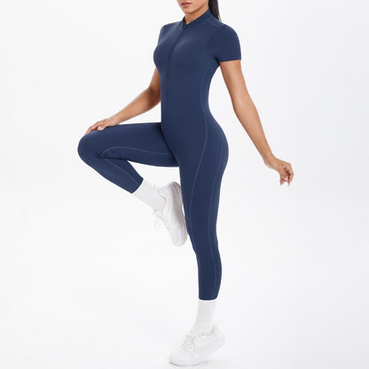 New Women's Yoga Jumpsuit Front Zipper Tight Back Hollow Out Short Sleeve-pants Activewear for Fitness Running Gym Workout