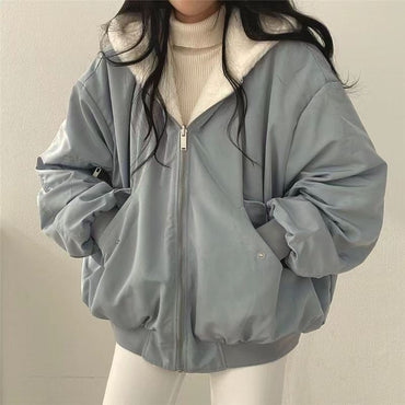 Korean Fleece-Lined Thickened Reversible Lambswool Cotton Jacket Women's Autumn Winter New Zipper Hooded Cotton Coat Top