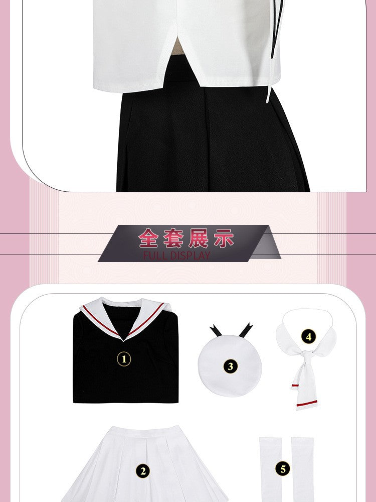 Women Spring Summer Sailor JK Uniform Full Set, Japanese Academy Outfit with Top Pleated Skirt Hat Bow Tie Socks