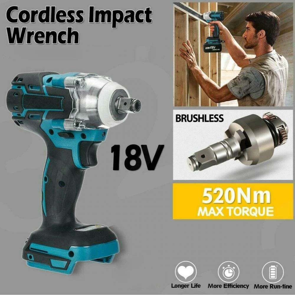 Chave de Impacto Elétrica Sem Fio Sem Escovas 520NM de 1/2 polegada, Ferramentas Elétricas Compatíveis com Bateria de 18V, Chave com Conjunto de Caixa de Ferramentas