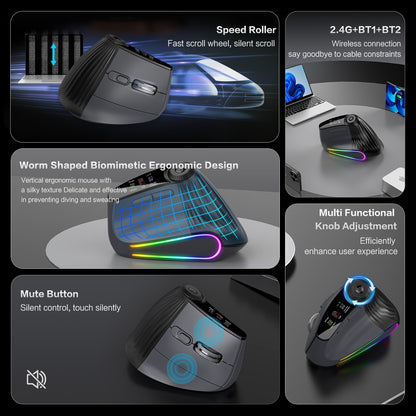 Mouse Vertical Sem Fio Jomaa RGB Retroiluminado Speed Roller com Botão de Ajuste de Função Bluetooth USB Ergonômico Click Silencioso