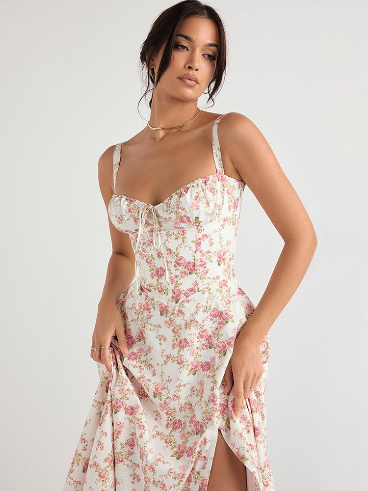 Suninheart Women's Summer Floral Print Dresses Sweet Elegant Midi Holiday Dress