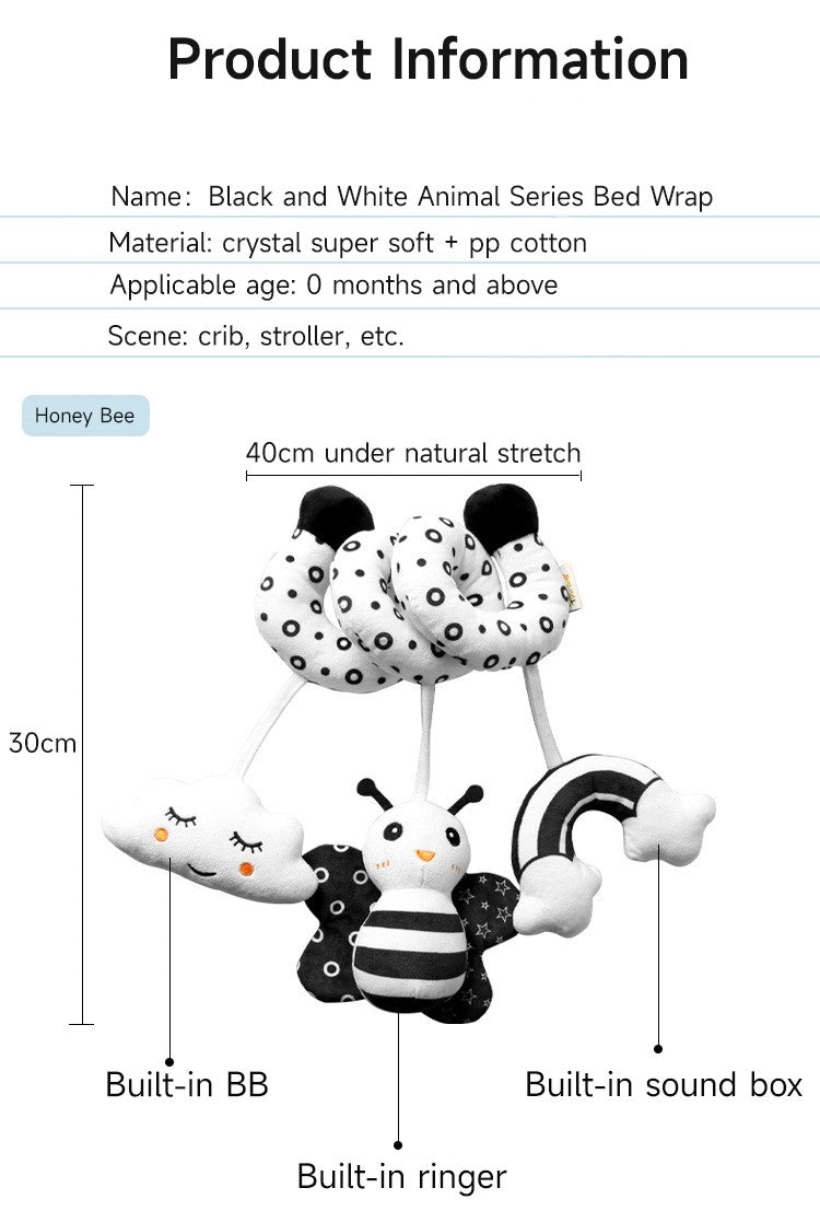 Baby Black And White Animal Hanging Toys Car Seat  Baby Spiral Activity Hanging Toys Plush Zoon Music BB Squeaker Rattles Gift