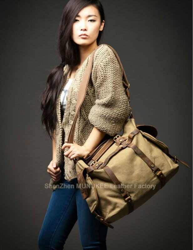 Vintage Military Canvas + Genuine Leather Men Shoulder Bag Sling Crossbody Bag Tote Handbag Men Canvas Messenger Bag  Leisure