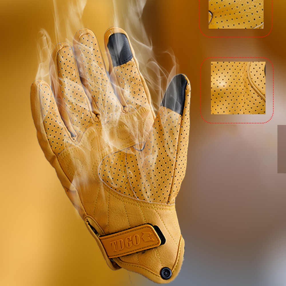 Luvas Amarelas de Couro Perfurado Respiráveis para Motocicleta Motoqueiro Esportivas de Verão Proteção para Homens e Mulheres