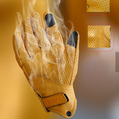 Luvas Amarelas de Couro Perfurado Respiráveis para Motocicleta Motoqueiro Esportivas de Verão Proteção para Homens e Mulheres