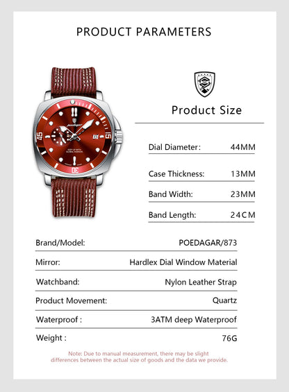POEDAGAR Luxury Fashion Man Watch Luminous Waterproof Date Sport Watches For Men Nylon Leather Quartz Business Men's Clock Reloj