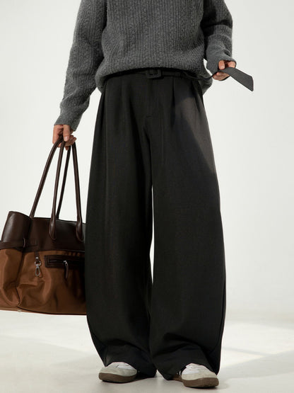 Men's Pleated Drape Curved-Leg Trousers Loose-Fit Straight-Leg Pants Retro-Style Belted Casual Pants