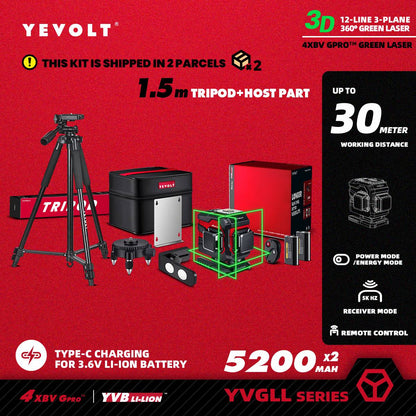 Nível a Laser Verde YEVOLT Série YVGLL4XS12T 3 Planos 12 Linhas Autonivelante 360 3D Horizontal & Vertical Ferramentas de Medição de Energia