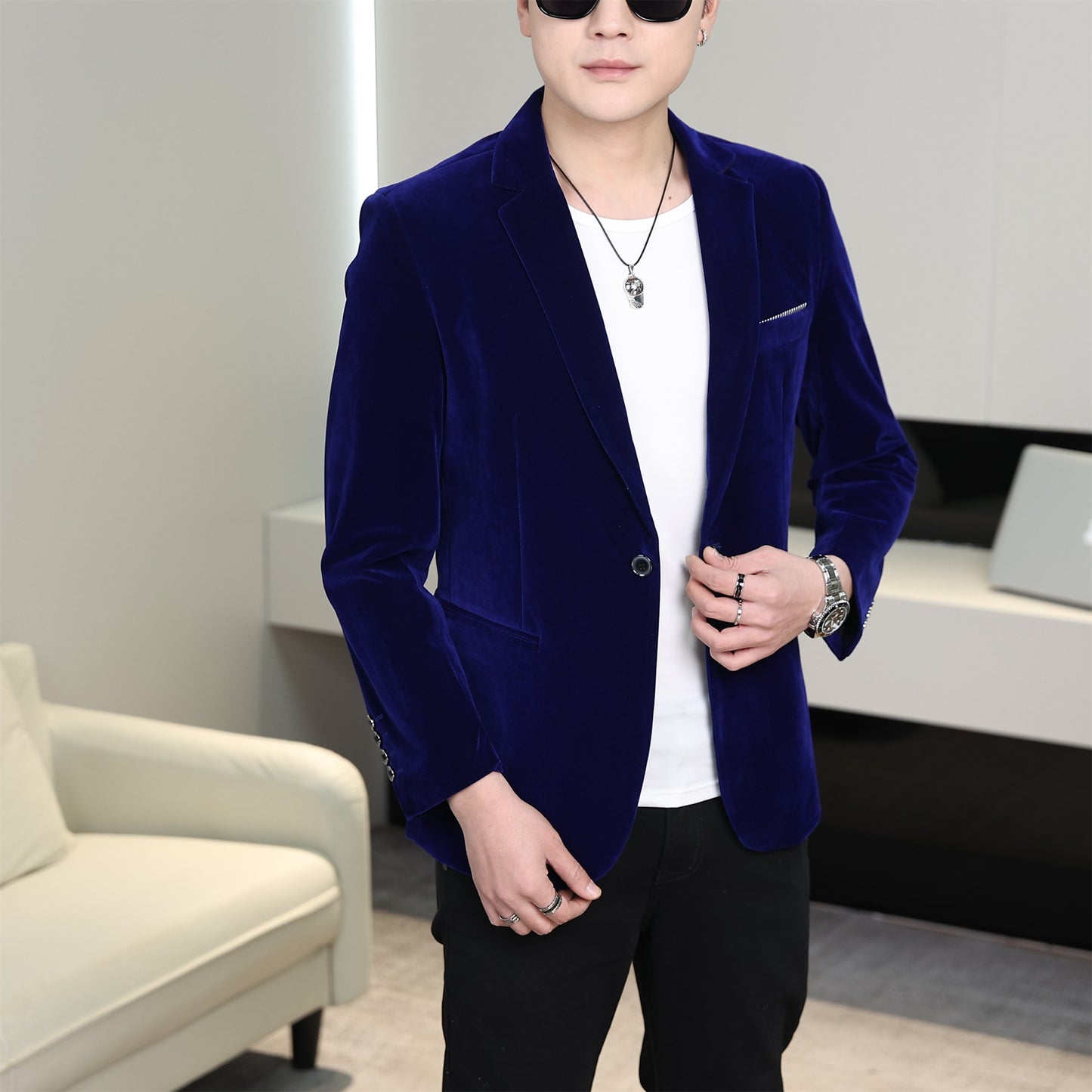 Gold Velvet Suit Men's Trendyy Performance Suit Spring & Fall All Year Round Slim Thin Youth Dress Groomsmen Groom's Dress Wedding Party Suit