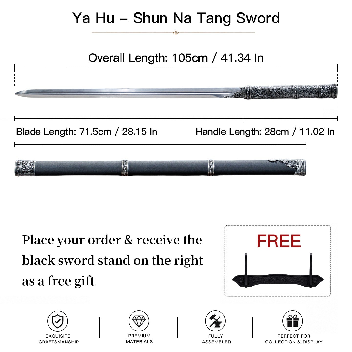 Classic Tang Dynasty Straight Sword Plain Polished Blade Matte Black Scabbard Traditional Tang Dynasty Jian Collectible Sword