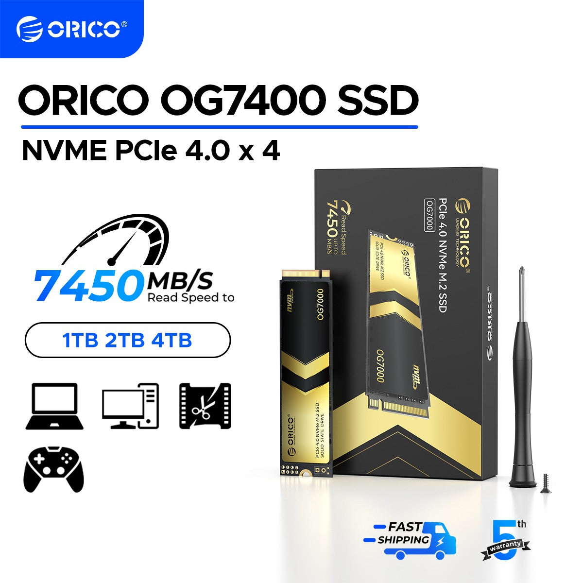 SSD ORICO OG7000 1TB 2TB PCIe Gen4 NVMe, até 7400 MB/s, Solução Térmica de Grafeno, Ideal para Edição de Vídeo 4K, Renderização 3D, PS5