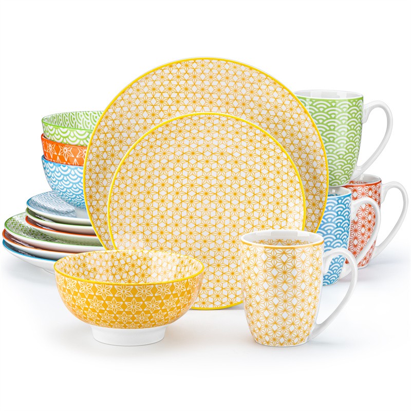16Pieces Porcelain Multi-Colour Japanese-style Dinnerware Set with 4*Dinner Plate,Dessert Plate,Bowl,Mug Ceramic Tableware Set